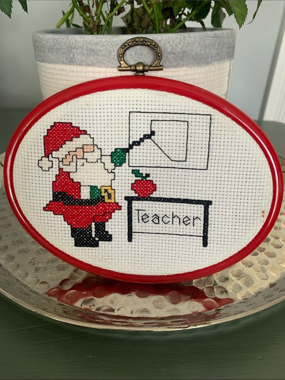 Vintage Holiday Santa Teacher Cross Stitch in Red Oval Frame 6x4”
